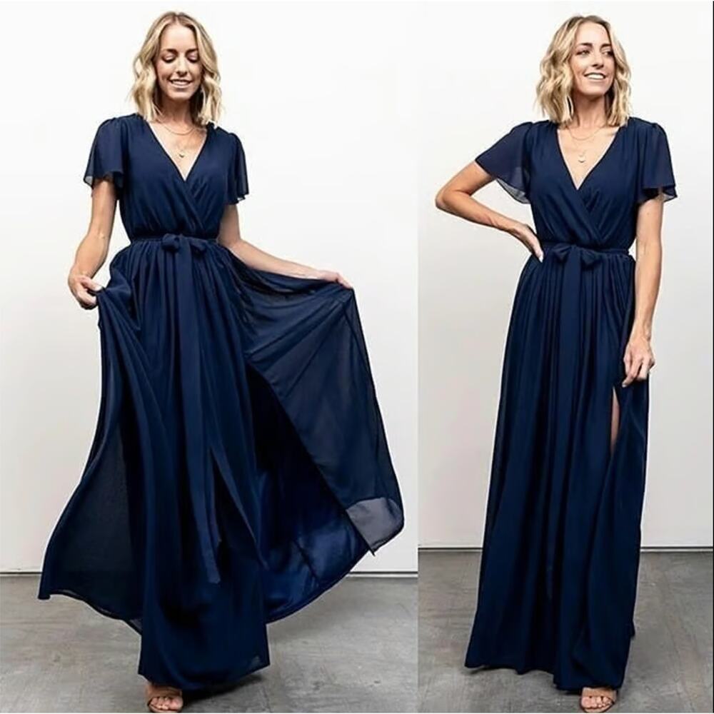 Baltic Born Navy Kristina Ruffle Short Sleeve Front Slit Belt Maxi Dress Sz 2X